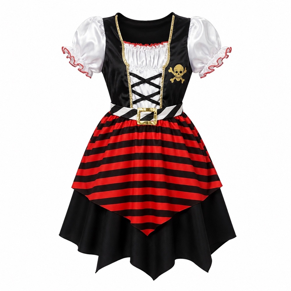 Girls Pirate Costume Dress XL Red Black Striped Skull Crossbones Halloween